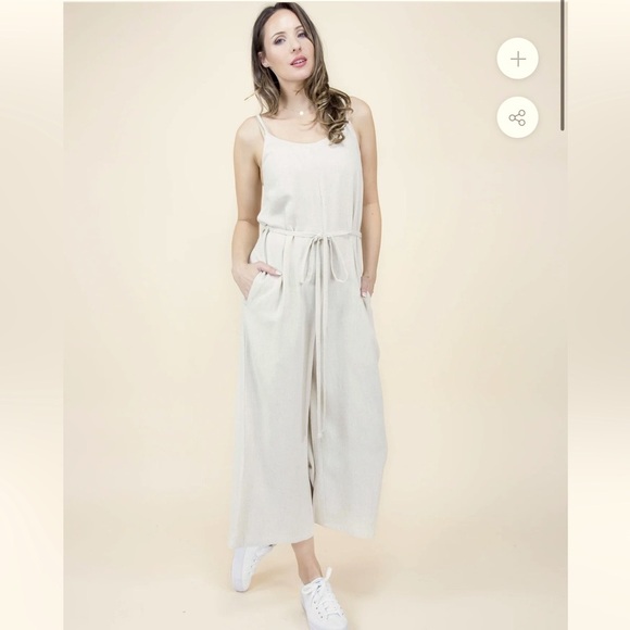 51. Linen Wide Leg Jumpsuit Tie Waist Pockets Oatmeal Natural Neutral - Picture 3 of 6